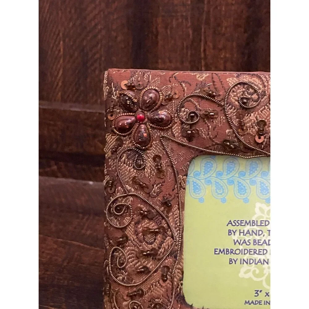Handmade Indian Beaded Embroidered Photo Frame 3x3 Zari Floral Boho Brown